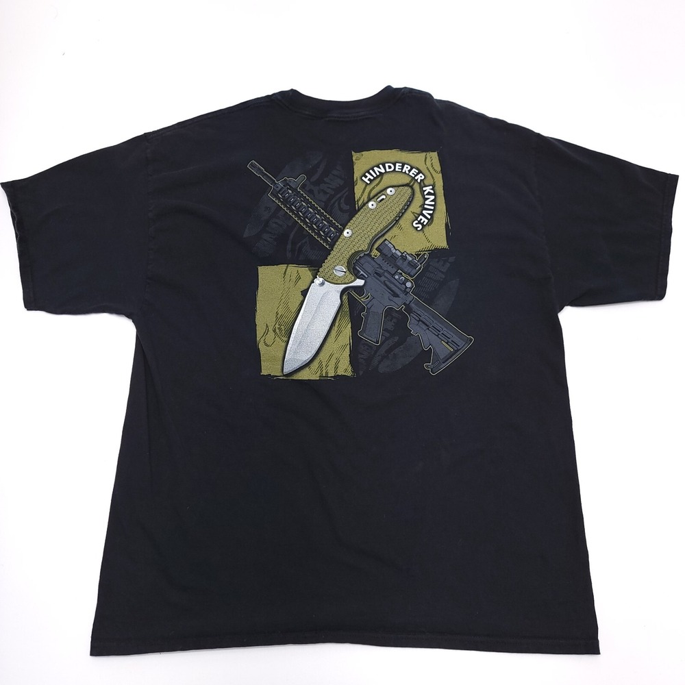 Hinderer Knives Shirt Mens 2XL Black Rear Gun Knife Logo Faded Front Beefy‎ T